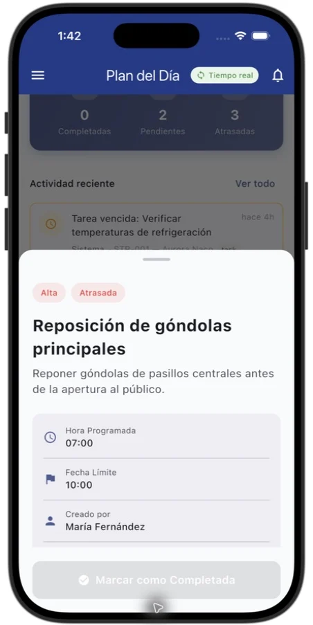 Detalle de una tarea en Plexo para iOS con instrucciones y fecha límite de una reposición ficticia.