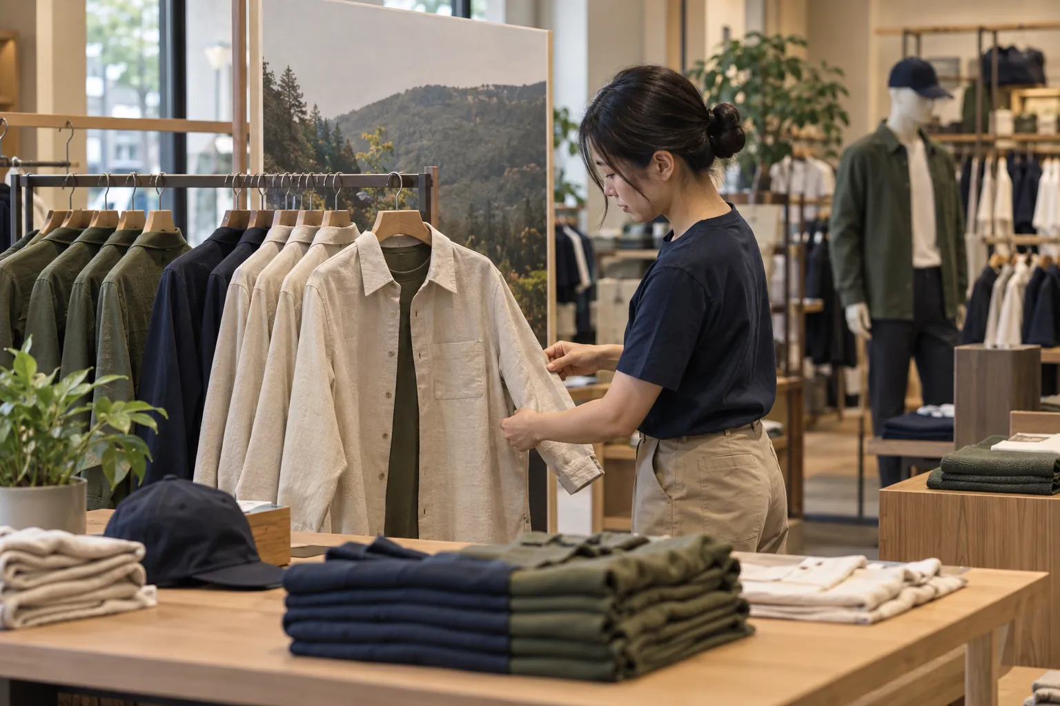 Una colaboradora de una tienda de ropa prepara una exhibición de campaña.